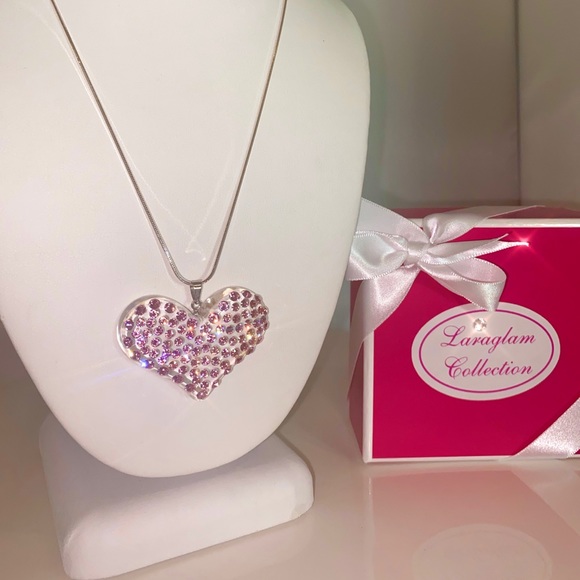Pink Acrylic Heart Necklace Embellished With Genuine “Crystal Stone Elements” - Picture 4 of 13
